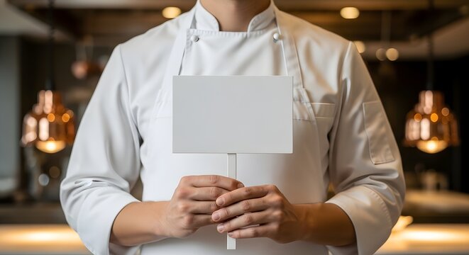 Executive Chef in White Uniform Holding Small Blank Sign on Stick in Kitchen