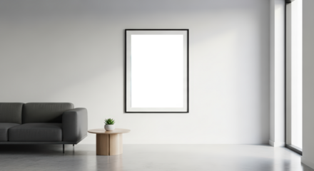 Modern Living Room with Gray Sofa Small Plant and Blank Frame on White Wall with Large Window