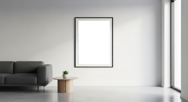 Modern Living Room with Gray Sofa Small Plant and Blank Frame on White Wall with Large Window