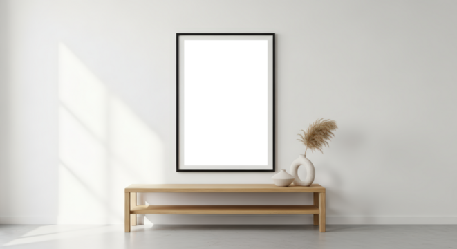Modern Minimalist Interior With Blank Framed Art On White Wall And Sunlight