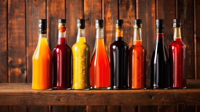 hot sauce bottle assortment of vibrant bottles on wooden shelf