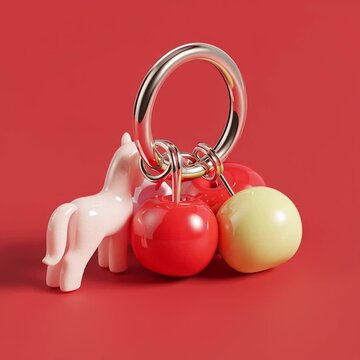 create an image of close up, a 3D claymorphism-style keyring icon with a glossy metallic ring and attached charms, including a citrus, horse and cherry blossom, soft rounded edges, vibrant colors.