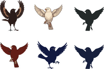 Colorful cartoon birds with different wing poses, flying and dancing vector illustration of cute animated birds for design and art