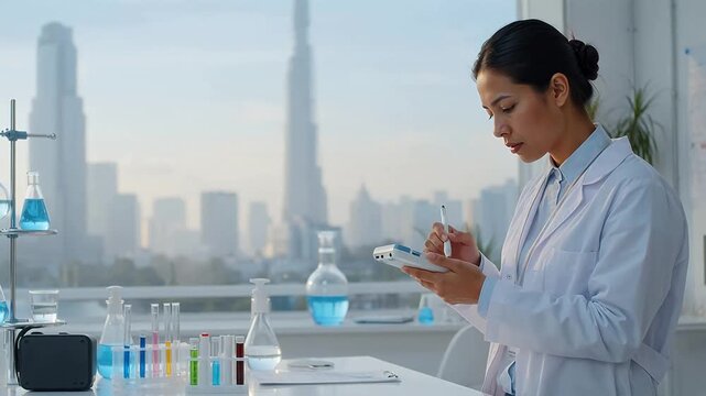 Woman in lab coat working with test tubes