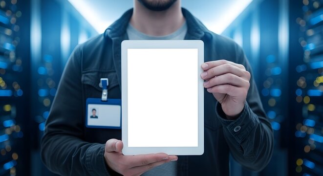 IT Technician in Server Room Holding Blank Digital Tablet for System Check