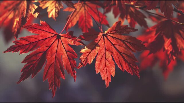 Vibrant Red Maple Leaves in Autumn Sunlight Close-Up View of Fall Foliage.