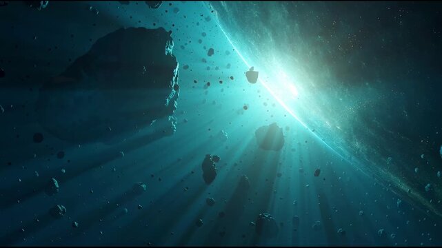 Majestic cosmic debris field illuminated by a powerful, ethereal starburst, creating a breathtaking and mysterious celestial spectacle within the vastness of deep space