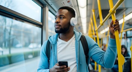 Young Man Commuting on Bus, Listening to Music with Headphones and Looking Out Window