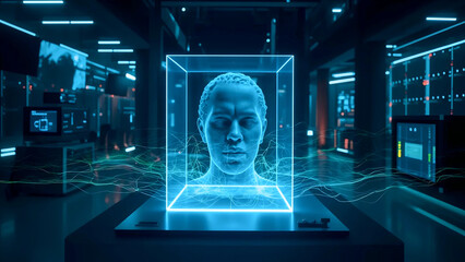 Futuristic AI Head Hologram | Advanced Artificial Intelligence Tech | Sci-Fi Neural Network Visualization