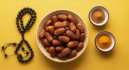 Ramadan iftar spread dates rosary and sweet tea offers spiritual refreshment illustration