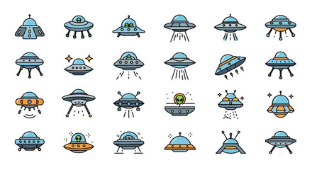 Diverse Vector Icon Set of Unidentified Flying Objects and Extraterrestrial Spacecraft, Perfect for Illustrating Cosmic Exploration and Science Fiction Concepts