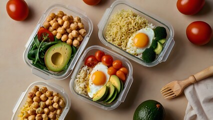Healthy meal prep boxes with eggs avocado chickpeas and fresh vegetables clean eating concept