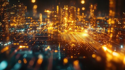 Abstract futuristic city with glowing lights and circuit board patterns
