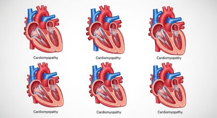 Detailed anatomical illustrations of human hearts showing different conditions and structures illustration