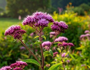 Close-up of vibrant pink flowers, green foliage, sunny garden backdrop