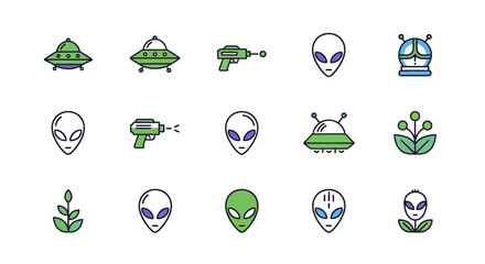 Alien and UFO Icons Space Exploration, Extraterrestrial Life, and Futuristic Technology Collection
