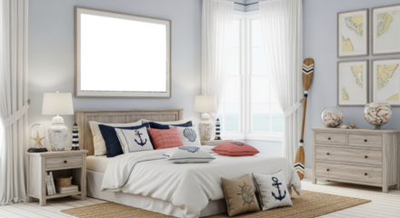 Nautical Themed Bedroom With Ocean View And Anchor Motifs On Pillows