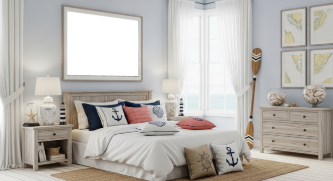 Nautical Themed Bedroom With Ocean View And Anchor Motifs On Pillows