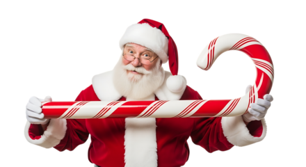 Santa Claus holding a giant candy cane festive holiday season transparent background