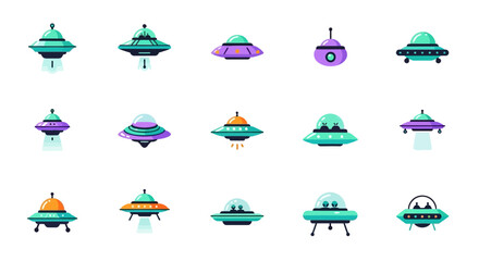 Assorted alien spaceship illustrations and futuristic flying saucers in a creative, colorful design, ideal for sci-fi, gaming, and technology themes