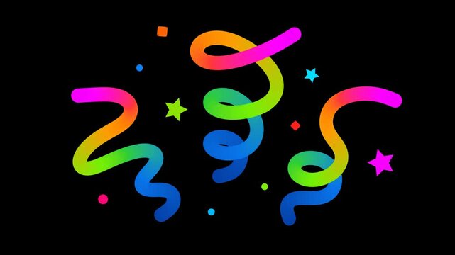 Color Confetti Icons with Gradient Lines, Stars and Swirl Ribbons. Fun Firecracker Explosion. Party and Carnival Celebration 3D. Transparent Background.