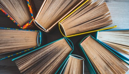 Opened Books Arranged on Table Top View with Colorful Covers and Textured Pages