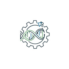 DNA strand inside a gear with an arrow pointing upwards.