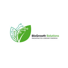 BioGrowth Solutions Logo with Green Leaf and Circuit Board Design.