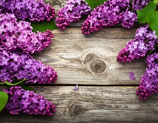 Close-up of vibrant purple flowers and fresh green leaves on wood