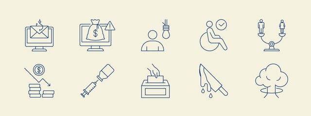 Social issues problems icon set. Simple vector illustration in modern thin line style. Vector illustration.
