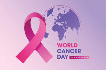 World Cancer Day Awareness with Pink Ribbon and Global Map