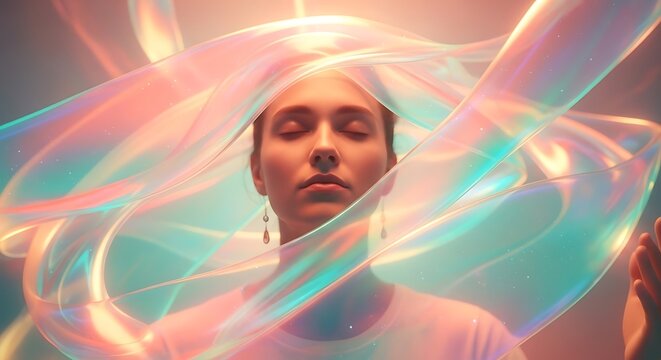 Serene portrait of a person with closed eyes, surrounded by soft, flowing iridescent or holographic light ribbons. Ethereal illustration of meditation, mindfulness, inner peace, and spiritual energy.