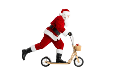 Santa Claus rides a scooter delivering Christmas gifts in a basket transparent background