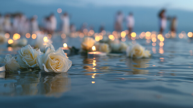 Festa de Iemanj&aacute;, Brazil White Roses and Candles Reflect on the Sea, Celebrating the Ocean Goddess