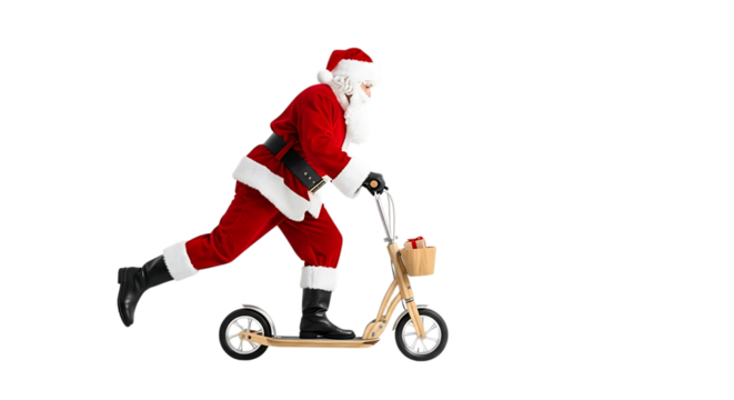Santa Claus rides a scooter delivering Christmas gifts in a basket transparent background