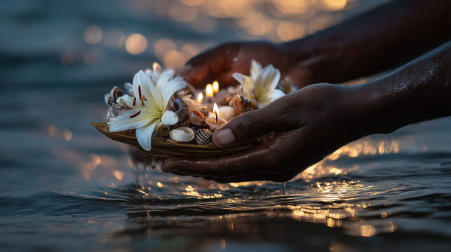 Festa de Iemanj&aacute;, Brazil Offerings of Flowers and Candles on Water for the Afro-Brazilian Sea Goddess Ceremony