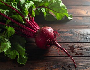 Close-up of a fresh beet root with leaves on a wooden surface