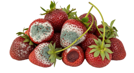 Pile Of Moldy Strawberries With Green Stems isolated on Transparent Background
