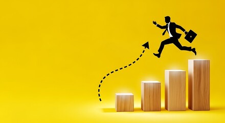 Businessman jumps over growth chart on a bright yellow background