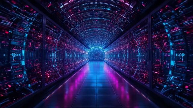 Cyber Tunnel Journey: Futuristic tunnel bathed in neon lights. A visual journey into a world of technology and limitless possibilities.