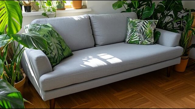 A gray sofa surrounded by lush plants in sunlight