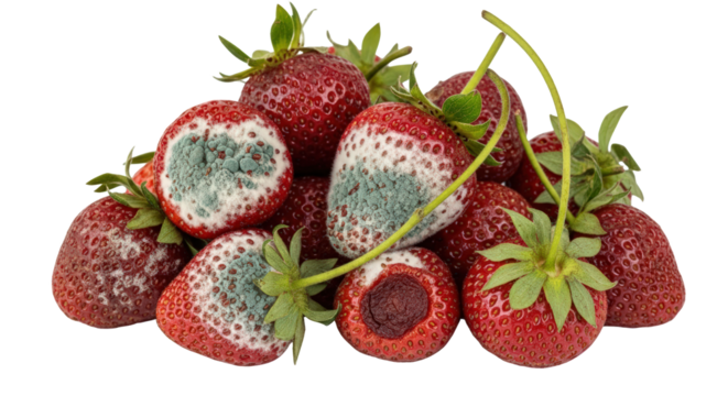 Pile Of Moldy Strawberries With Green Stems isolated on Transparent Background