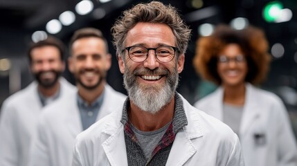 A diverse group of four scientists, two men and two women, wearing white lab coats and smiling confidently.
