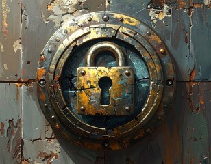 Close-up of a weathered, locked metal portal, with aged textures