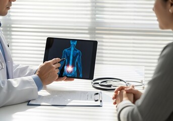 Doctor Explaining Back Pain on Digital X-Ray to Patient Using Tablet in Medical Office