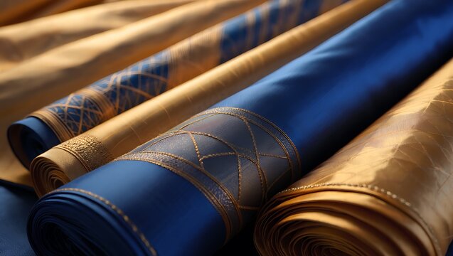 Elegant rolls of fabric in blue and golden hues exquisite design - Powered by Adobe