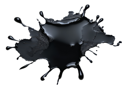 Black liquid splashing and dripping with smooth, flowing motion, PNG, isolated on transparent background.