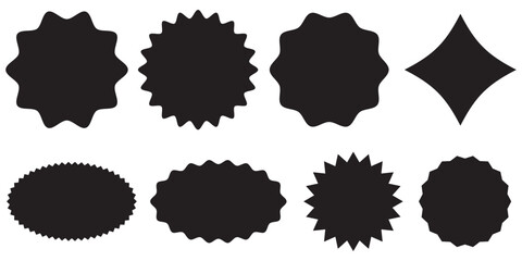 Set of red starburst. Price sticker, sale sticker, price tag, starburst, quality mark, retro stars, sale. Circle sticker set. Wavy edge promo red badges. Star burst shape tags for price. Red sale tag