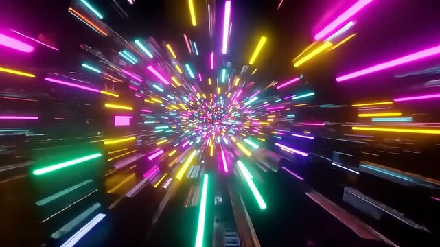 Vibrant explosion of colorful lights creating a dynamic visual effect in a futuristic cityscape