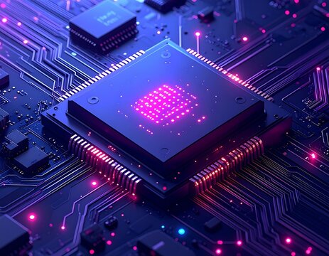 Close-up of a glowing digital processor on a circuit board